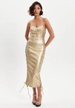 Women’s Midi Dress with Corset Style, Metallic Foil Gold Lycra, Eyelet Details, Bodycon Fit