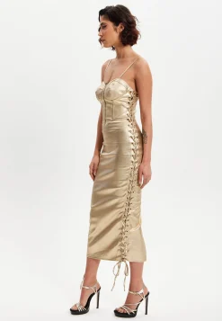 Women’s Midi Dress with Corset Style, Metallic Foil Gold Lycra, Eyelet Details, Bodycon Fit