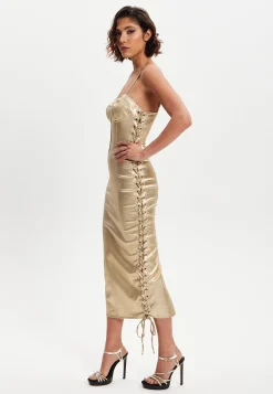 Women’s Midi Dress with Corset Style, Metallic Foil Gold Lycra, Eyelet Details, Bodycon Fit