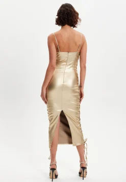 Women’s Midi Dress with Corset Style, Metallic Foil Gold Lycra, Eyelet Details, Bodycon Fit