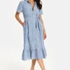 Women’s Midi Dress with Floral Embroidery, Self-Tie Waist, Breathable Short Sleeves, Tiered Ruffle Hem, and Functional Pockets