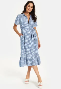 Women’s Midi Dress with Floral Embroidery, Self-Tie Waist, Breathable Short Sleeves, Tiered Ruffle Hem, and Functional Pockets