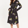Women's Midi Dress with Floral Print, Black Color, Collar, Long Sleeves, Button Front, Pockets, Waist Tie Detail