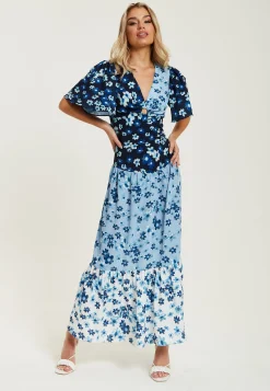Women's Midi Dress with Floral Print in Blue, Navy and White, Short Sleeves - Liquorish