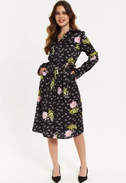 Women's Midi Dress with Floral Print, Black Color, Collar, Long Sleeves, Button Front, Pockets, Waist Tie Detail