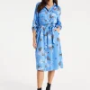 Women’s Midi Dress with Floral Print, Light Blue, Chic Shirt Design, Waist Tie Detail, Full-Length Sleeves