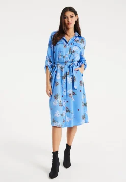 Women’s Midi Dress with Floral Print, Light Blue, Chic Shirt Design, Waist Tie Detail, Full-Length Sleeves