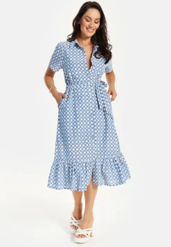 Women’s Midi Dress with Floral Embroidery, Self-Tie Waist, Breathable Short Sleeves, Tiered Ruffle Hem, and Functional Pockets