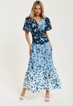 Women's Midi Dress with Floral Print in Blue, Navy and White, Short Sleeves - Liquorish