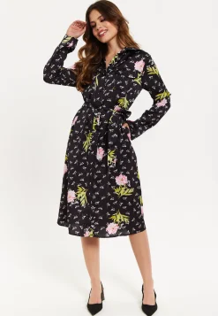 Women's Midi Dress with Floral Print, Black Color, Collar, Long Sleeves, Button Front, Pockets, Waist Tie Detail