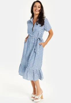 Women’s Midi Dress with Floral Embroidery, Self-Tie Waist, Breathable Short Sleeves, Tiered Ruffle Hem, and Functional Pockets