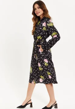 Women's Midi Dress with Floral Print, Black Color, Collar, Long Sleeves, Button Front, Pockets, Waist Tie Detail