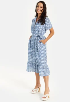 Women’s Midi Dress with Floral Embroidery, Self-Tie Waist, Breathable Short Sleeves, Tiered Ruffle Hem, and Functional Pockets