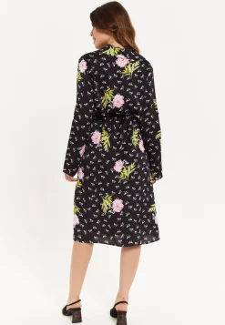 Women's Midi Dress with Floral Print, Black Color, Collar, Long Sleeves, Button Front, Pockets, Waist Tie Detail