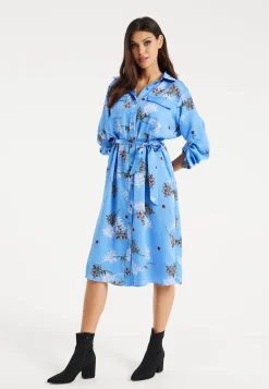 Women’s Midi Dress with Floral Print, Light Blue, Chic Shirt Design, Waist Tie Detail, Full-Length Sleeves