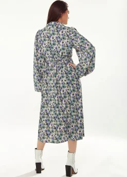 Women's Midi Dress with Floral Print, Peter Pan Collar, Balloon Long Sleeves, Self-Fabric Waist Belt, Button-Up Front