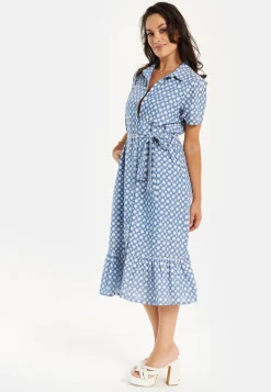 Women’s Midi Dress with Floral Embroidery, Self-Tie Waist, Breathable Short Sleeves, Tiered Ruffle Hem, and Functional Pockets