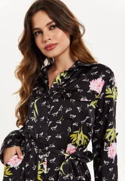 Women's Midi Dress with Floral Print, Black Color, Collar, Long Sleeves, Button Front, Pockets, Waist Tie Detail