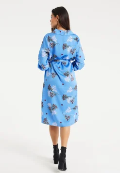 Women’s Midi Dress with Floral Print, Light Blue, Chic Shirt Design, Waist Tie Detail, Full-Length Sleeves