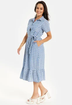 Women’s Midi Dress with Floral Embroidery, Self-Tie Waist, Breathable Short Sleeves, Tiered Ruffle Hem, and Functional Pockets