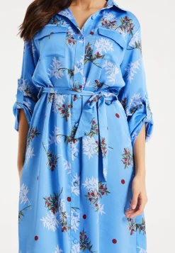 Women’s Midi Dress with Floral Print, Light Blue, Chic Shirt Design, Waist Tie Detail, Full-Length Sleeves