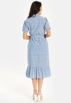 Women’s Midi Dress with Floral Embroidery, Self-Tie Waist, Breathable Short Sleeves, Tiered Ruffle Hem, and Functional Pockets