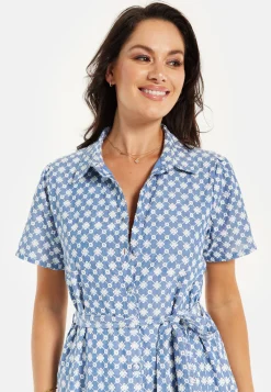 Women’s Midi Dress with Floral Embroidery, Self-Tie Waist, Breathable Short Sleeves, Tiered Ruffle Hem, and Functional Pockets