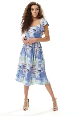 Women's Midi Dress with Frill Sleeves in Pastel Tones - Cut Out Back Style by Liquorish