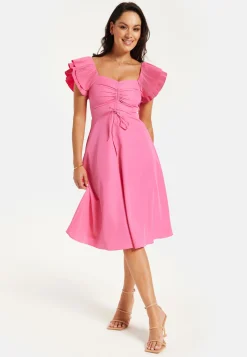 Women's Midi Dress with Frill Sleeves and Ruching Front in Pink - Regular Fit by Liquorish