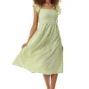 Women's Midi Dress with Frill Sleeves in Green Gingham - Cut Out Back and Tie Detail by Liquorish