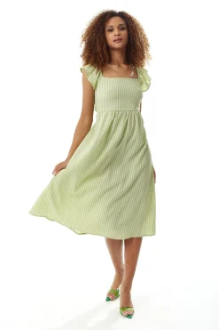 Women's Midi Dress with Frill Sleeves in Green Gingham - Cut Out Back and Tie Detail by Liquorish