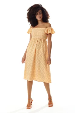 Women's Midi Dress with Frill Sleeves in Orange Gingham - Cut Out Back and Tie Detail by Liquorish