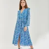 Women's Midi Dress with Frill Sleeves in Blue - Floral & Foil Print by Liquorish