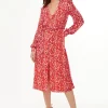 Women’s Midi Dress with Frills in Red - Elegant Floral & Foil Print, Short Sleeve, Stylish Choice by Liquorish
