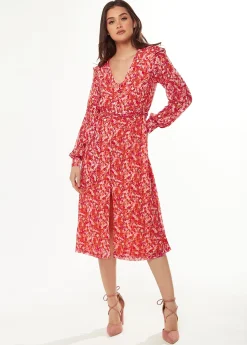 Women’s Midi Dress with Frills in Red - Elegant Floral & Foil Print, Short Sleeve, Stylish Choice by Liquorish