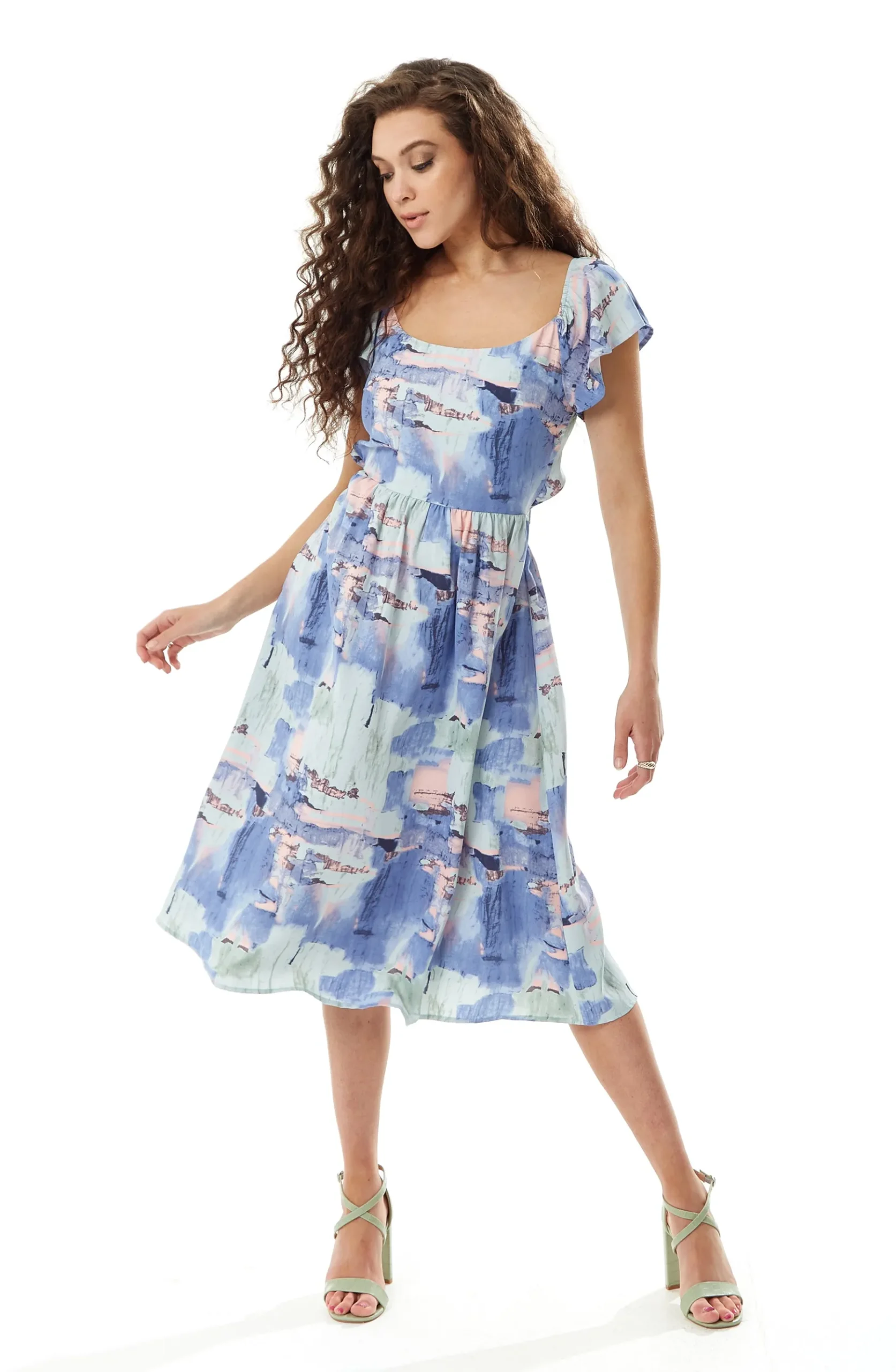 Women's Midi Dress with Frill Sleeves in Pastel Tones - Cut Out Back Style by Liquorish