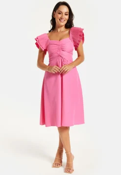 Women's Midi Dress with Frill Sleeves and Ruching Front in Pink - Regular Fit by Liquorish