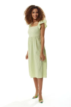 Women's Midi Dress with Frill Sleeves in Green Gingham - Cut Out Back and Tie Detail by Liquorish