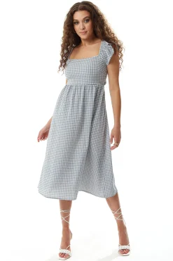 Women's Midi Dress with Frill Sleeves in Blue and Cream Gingham - Cut Out Back and Tie Detail by Liquorish
