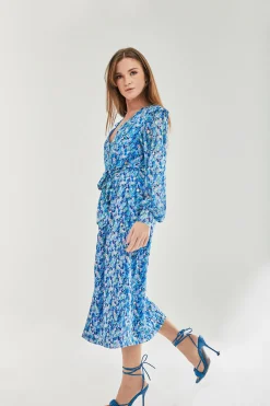 Women's Midi Dress with Frill Sleeves in Blue - Floral & Foil Print by Liquorish