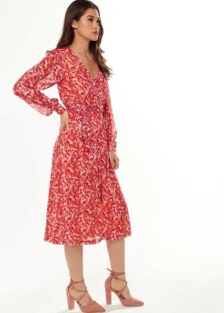 Women’s Midi Dress with Frills in Red - Elegant Floral & Foil Print, Short Sleeve, Stylish Choice by Liquorish