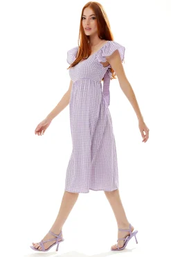 Women's Midi Dress with Frill Sleeves in Lilac Gingham - Stylish Cut Out Back by Liquorish