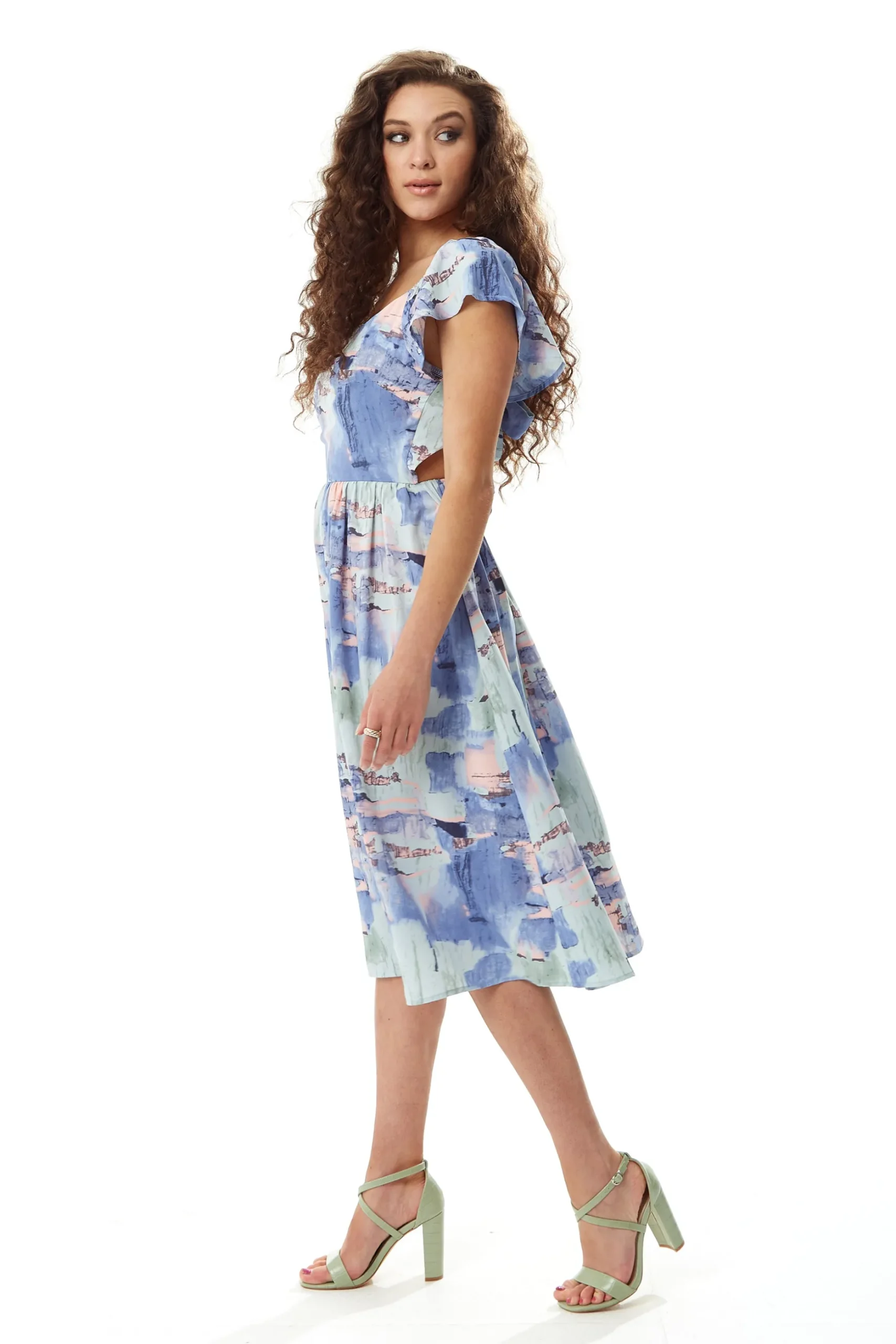 Women's Midi Dress with Frill Sleeves in Pastel Tones - Cut Out Back Style by Liquorish