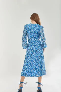 Women's Midi Dress with Frill Sleeves in Blue - Floral & Foil Print by Liquorish