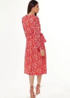 Women’s Midi Dress with Frills in Red - Elegant Floral & Foil Print, Short Sleeve, Stylish Choice by Liquorish