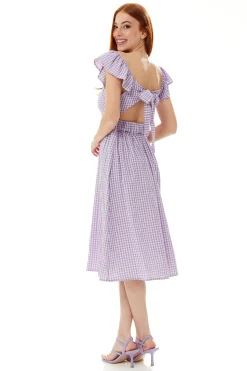 Women's Midi Dress with Frill Sleeves in Lilac Gingham - Stylish Cut Out Back by Liquorish