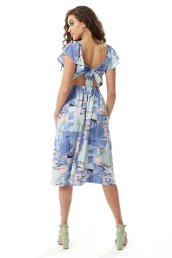 Women's Midi Dress with Frill Sleeves in Pastel Tones - Cut Out Back Style by Liquorish