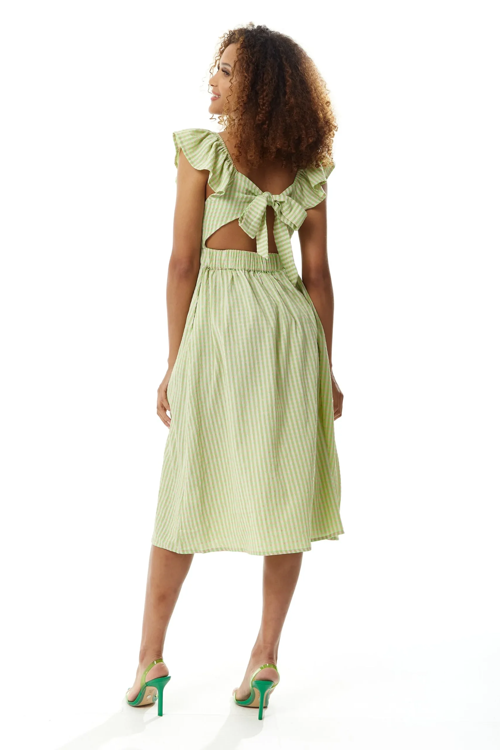 Women's Midi Dress with Frill Sleeves in Green Gingham - Cut Out Back and Tie Detail by Liquorish