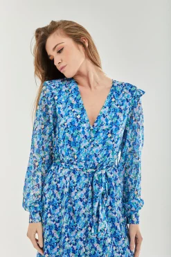 Women's Midi Dress with Frill Sleeves in Blue - Floral & Foil Print by Liquorish