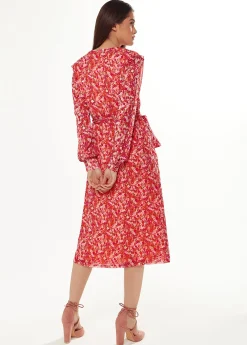 Women’s Midi Dress with Frills in Red - Elegant Floral & Foil Print, Short Sleeve, Stylish Choice by Liquorish